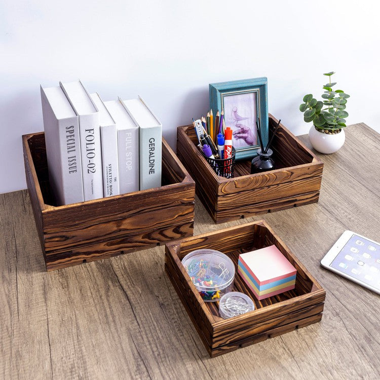 Dark Brown Wood Stackable Display Box Riser Stands, Decorative Storage Bins,  3-Piece Set