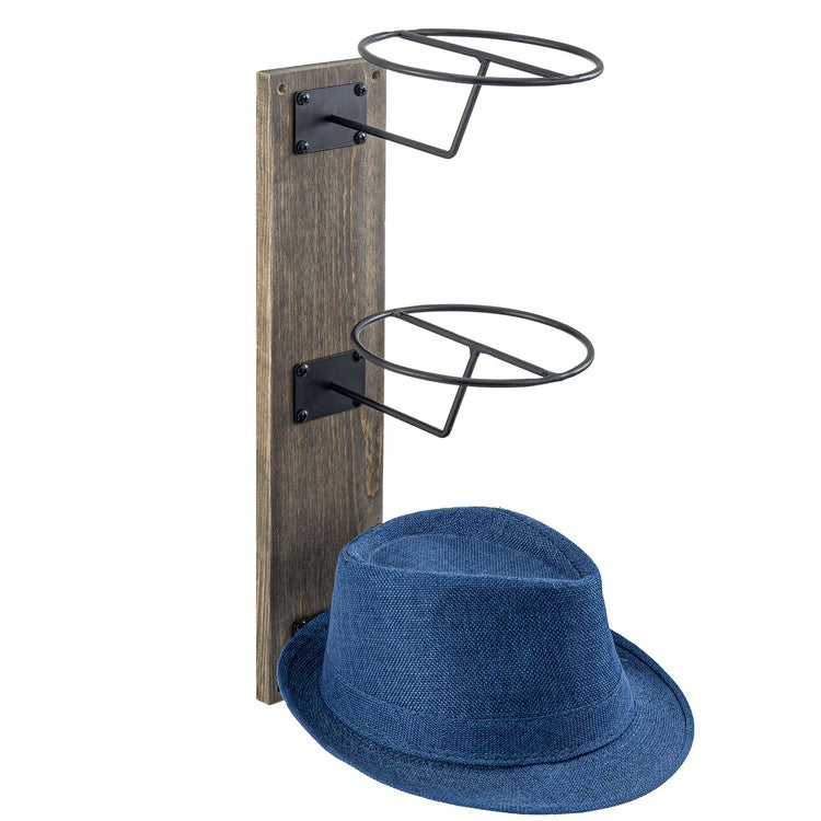 Tiered Burnt Wood and Black Metal Wire Wall Mounted Hat Holder