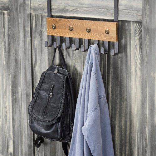 Cabinet Towel Holder, Rustic Burnt Wood and Black Metal Over The Door Towel  Rack