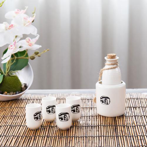 6-Piece Japanese Style Ceramic Sake Set with Wine Character