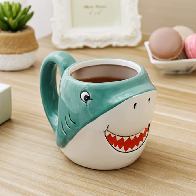 Blue Ceramic Baby Shark Shaped Mug with Handle and Cartoon Smiling Shark Design, Novelty Gift Mugs-MyGift