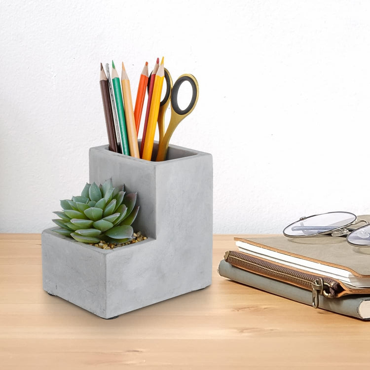 Gray Cement Concrete Pen Holder, Office Desktop Stationery Organizer with Decorative Artificial Mini Succulent Plant-MyGift