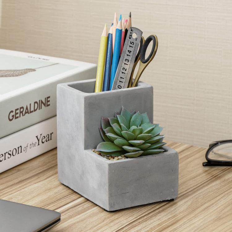 Gray Cement Concrete Pen Holder, Office Desktop Stationery Organizer with Decorative Artificial Mini Succulent Plant