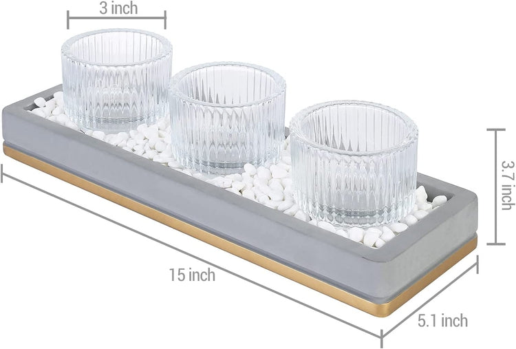 Candle Holder Centerpiece Tray, Candlescape Cement Tray with 3 Vertical Ribbed Clear Glass Candle Holders-MyGift