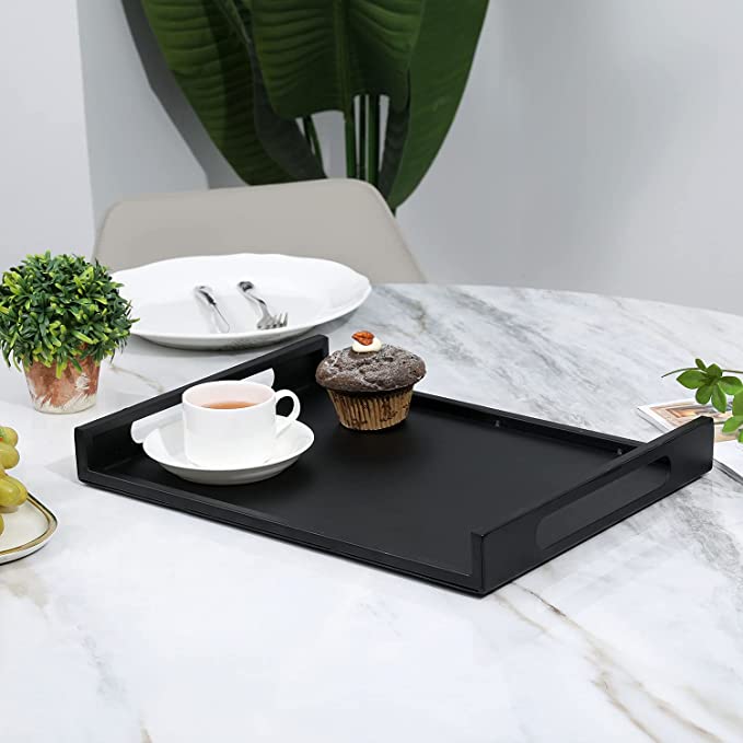 Black Metal Serving Tray with Handle, Coffee Table Ottoman Decorative for Home,