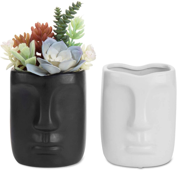 Set of 2, 4-inch Black and White Head Planter Pot, Face Design Ceramic Succulent Flower Vase-MyGift