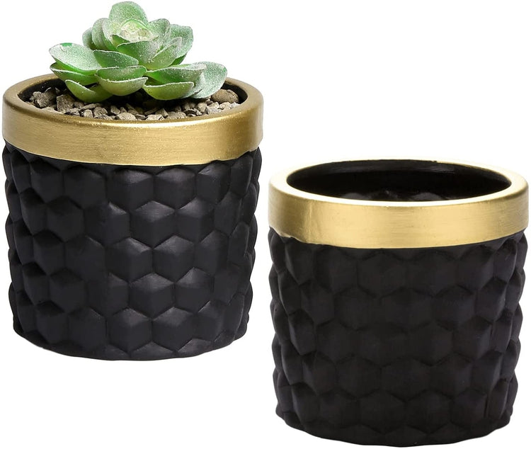 4 Inch Round Black Concrete Embossed Diamond Hobnob Design Succulent Planter Pots with Gold Top Rim, Set of 2