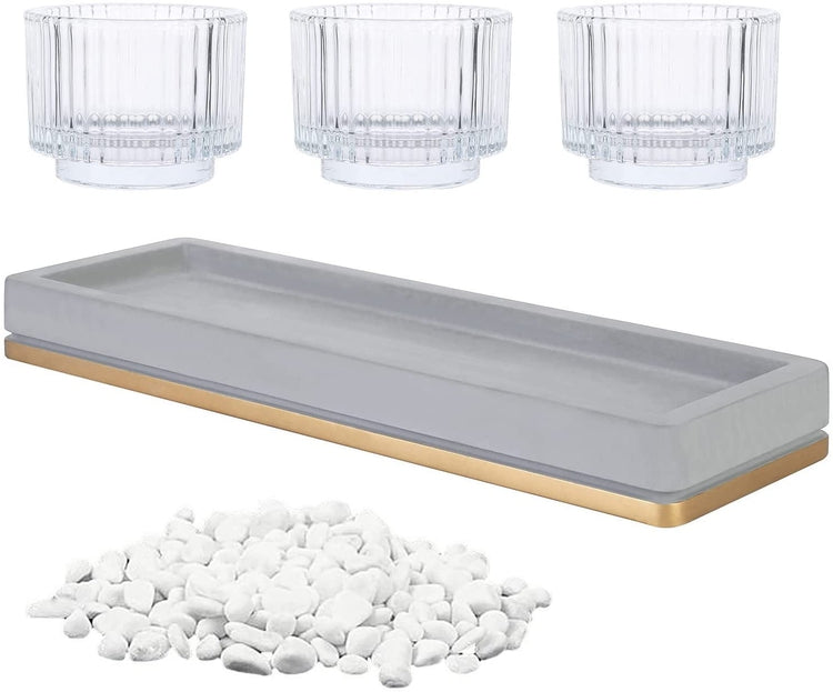 Candle Holder Centerpiece Tray, Candlescape Cement Tray with 3 Vertical Ribbed Clear Glass Candle Holders-MyGift