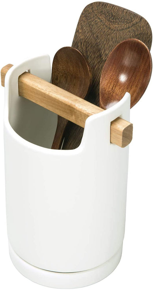 Modern White Ceramic Utensil Crock + Cutlery Caddy with Drainage Tray-MyGift