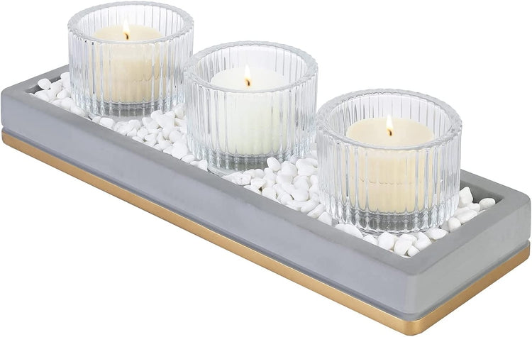 Candle Holder Centerpiece Tray, Candlescape Cement Tray with 3 Vertical Ribbed Clear Glass Candle Holders-MyGift