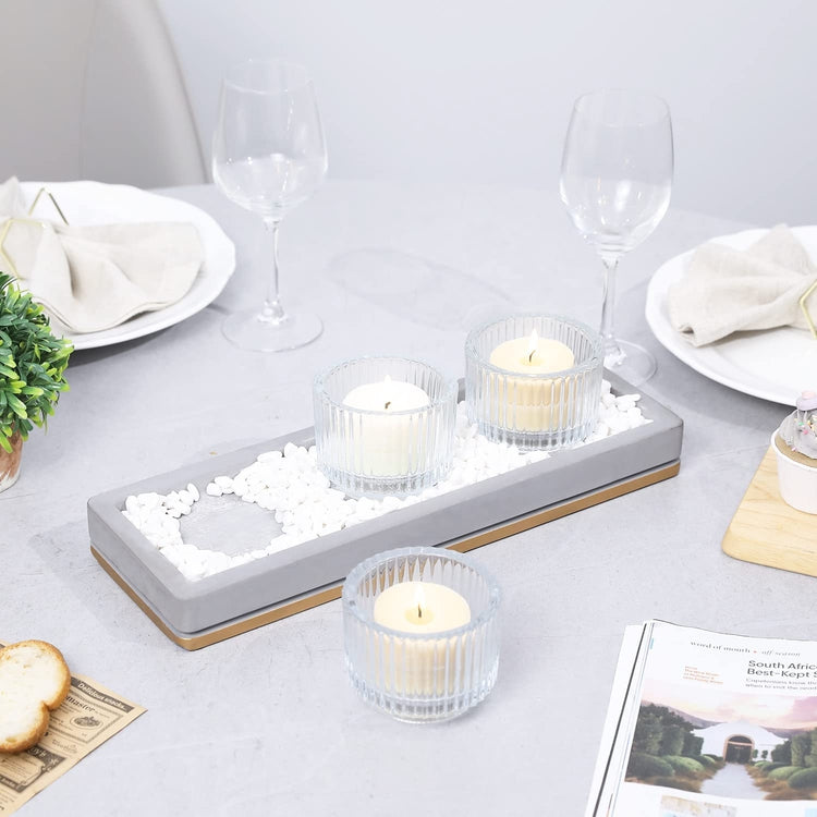 Candle Holder Centerpiece Tray, Candlescape Cement Tray with 3 Vertical Ribbed Clear Glass Candle Holders-MyGift