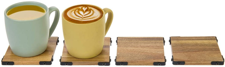 Set of 4, Premium Acacia Solid Wood Square Beverage Coasters with Matte Black Metal Corners-MyGift