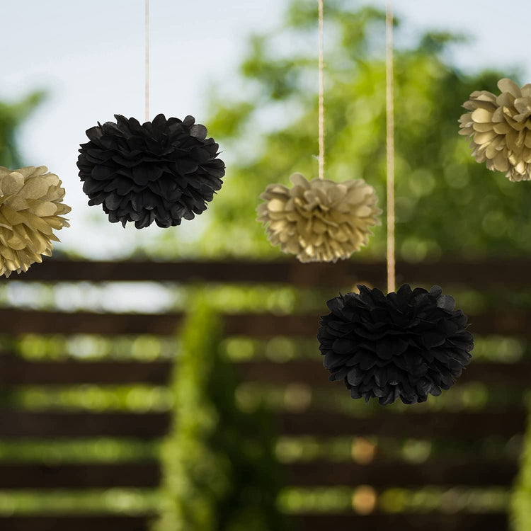 Black, White, and Gold Decorative Hanging Tissue Pom Poms Paper Lantern Party Decorations, 14 Piece Set-MyGift