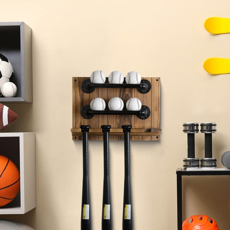 Wall Mounted Baseball and Bat Display Rack with Burnt Wood and 2-Tier Industrial Black Metal Pipe Storage Rails