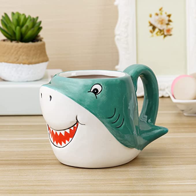 Blue Ceramic Baby Shark Shaped Mug with Handle and Cartoon Smiling Shark Design, Novelty Gift Mugs