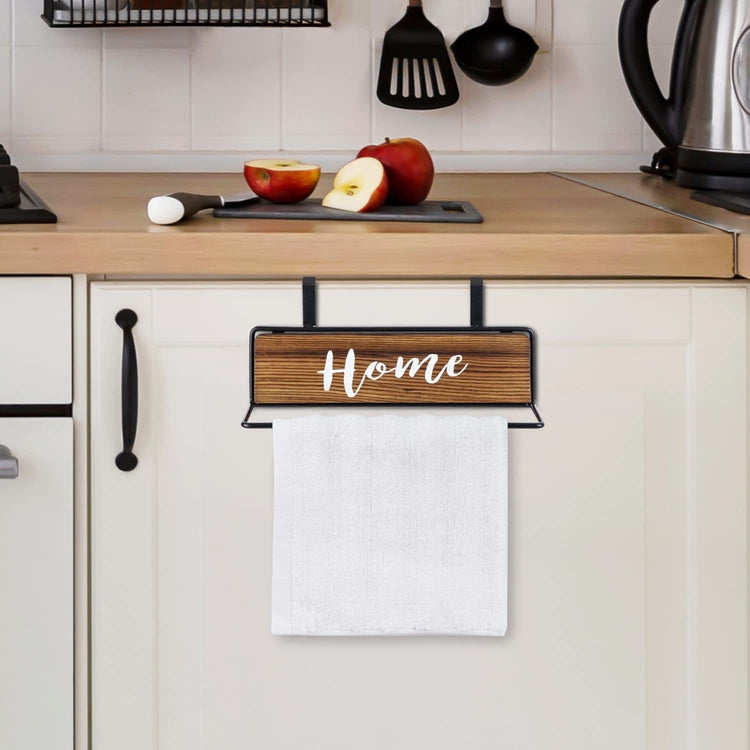 Burnt Wood and Industrial Black Metal Over Cabinet Door Kitchen Hand Towel  Bar Hanger Rack with Cursive Writing