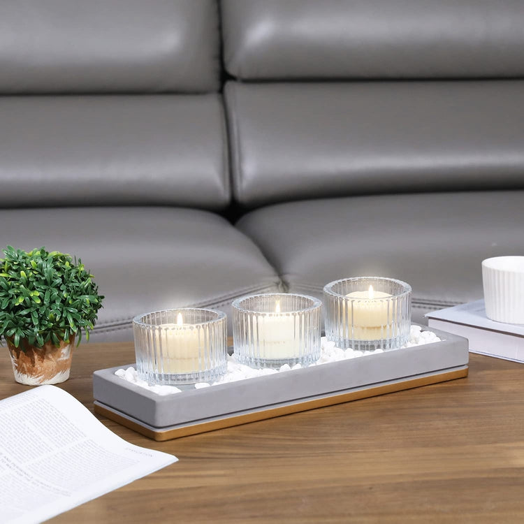 Candle Holder Centerpiece Tray, Candlescape Cement Tray with 3 Vertical Ribbed Clear Glass Candle Holders-MyGift