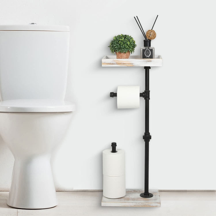 Freestanding Industrial Toilet Paper Stand with Shelf, Whitewashed Wood and Black Metal Pipe Bathroom Tissue Roll Holder