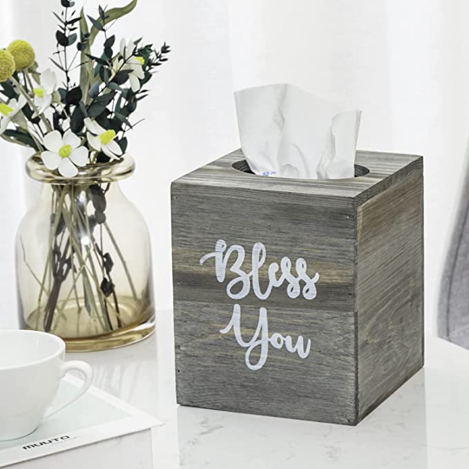 Rustic Gray Wood Square Tissue Box Cover with Slide Out Bottom and Bless You Lettering