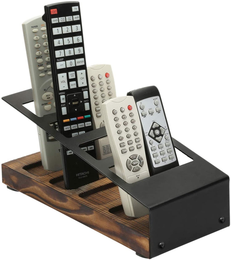 4-Slot Burnt Wood & Black Metal Remote Control Holder, Media Organizer Rack-MyGift