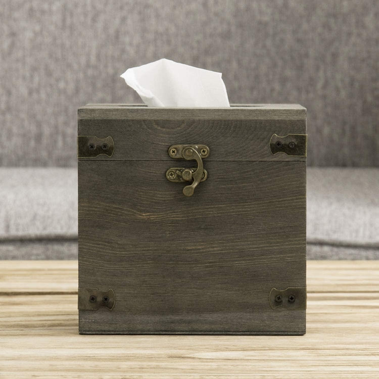 Vintage Gray Wood Square Facial Tissue Box Holder with Hinged Lid and Hook Latch