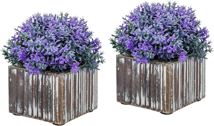 Set of 2, Artificial Verbena Officinalis Purple Flower Arrangement in Torched Wood Square Planters-MyGift