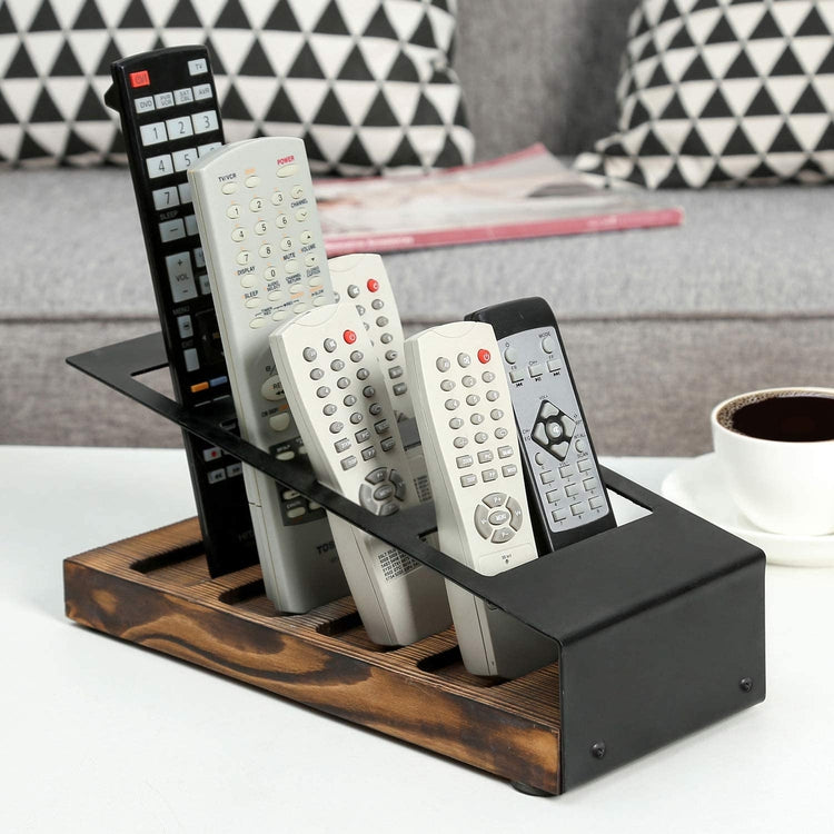 4-Slot Burnt Wood & Black Metal Remote Control Holder, Media Organizer Rack