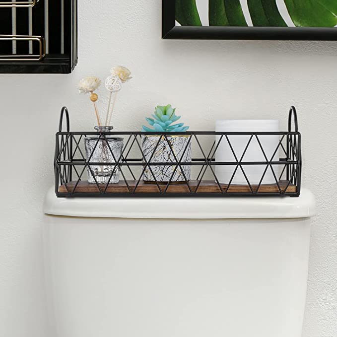 16 Inch Rustic Burnt Wood and Black Metal Geometric Wire Toilet Tank Basket with Handles, Bathroom Vanity Tray-MyGift