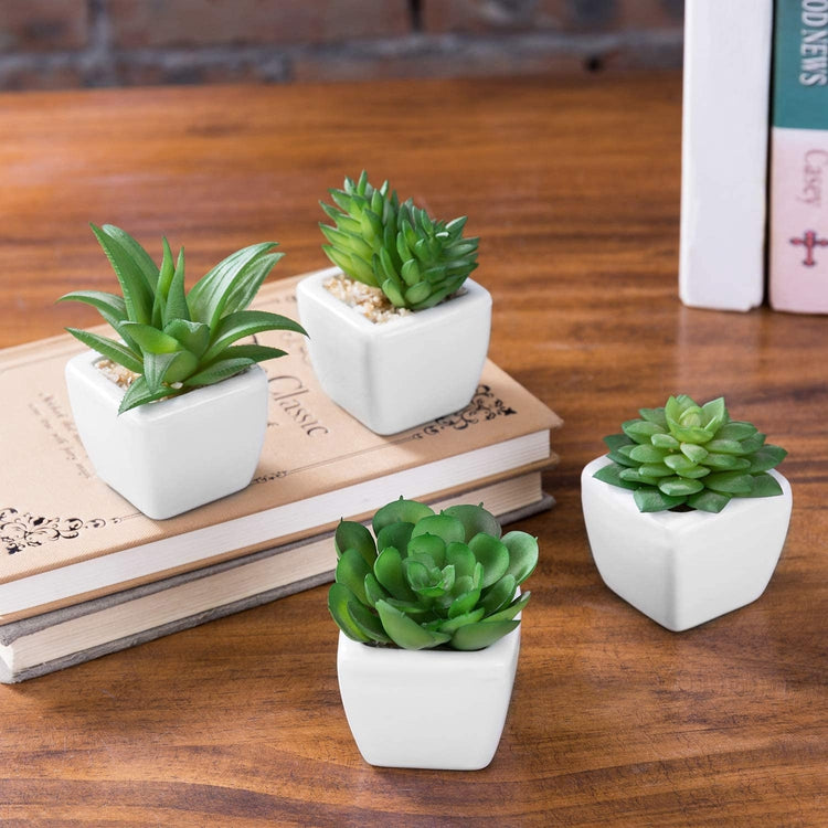 Set of 4, Modern White Ceramic Mini Potted Artificial Succulent Plants-MyGift