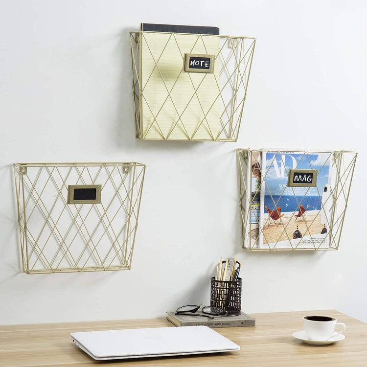 Geometric Brass Metal Wall Mounted Mail Sorter / Magazine Rack with Chalkboard Labels, Set of 3