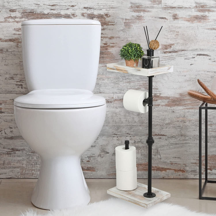 Freestanding Industrial Toilet Paper Stand with Shelf, Whitewashed Wood and Black Metal Pipe Bathroom Tissue Roll Holder-MyGift