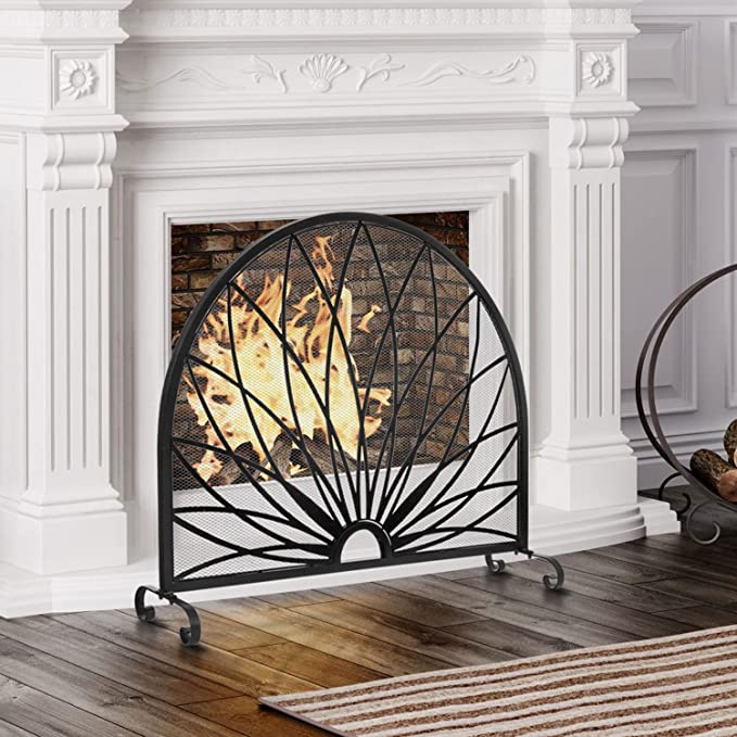 Fireplace Screen with Art Deco Starburst Design, Black Metal Freestanding Fireplace Grate