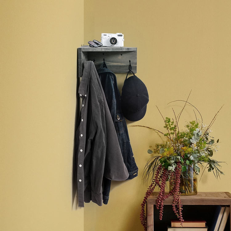 Gray Wood Wall Mounted Corner Shelf, Entryway Floating Coat Rack with 4 Hooks-MyGift