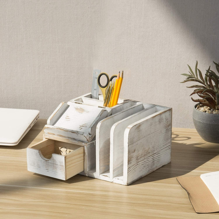 MyGift Whitewashed Solid Wood Desk Organizer Caddy, Office Supplies Desktop Organizer with Pen Holder Pencil Holder with Sticky Note Memo Pad Holder