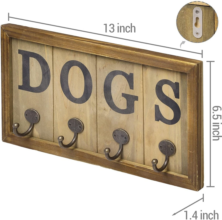 Brown Wood, Wall Mounted Dog Leash Holder with 4 Antique Metal Hooks-MyGift