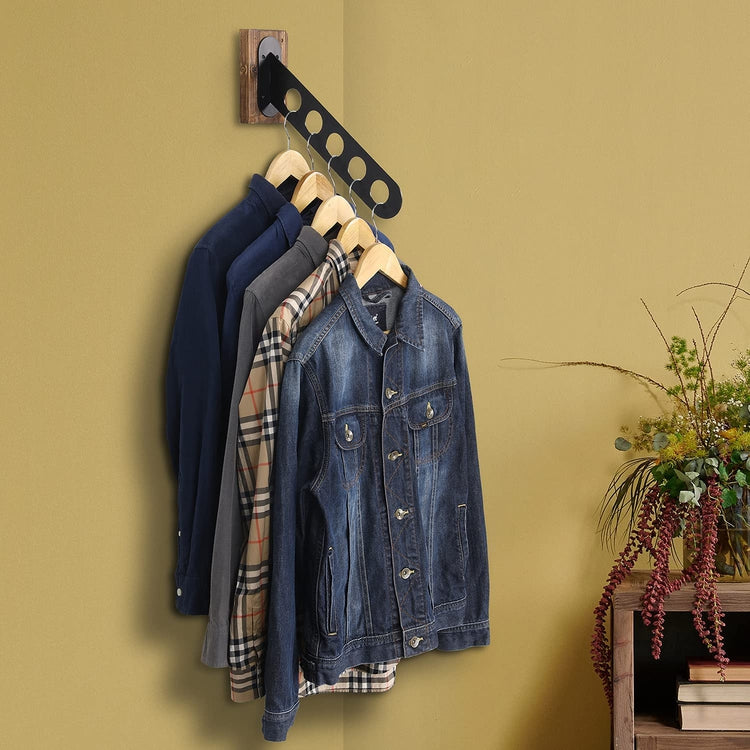 Burnt Wood and Matte Black Metal 5-Slot Angled Garment Clothing Wall Rack Hanger-MyGift