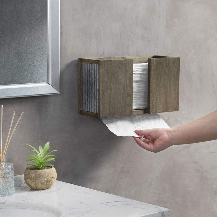 Reclaimed Style Gray Wood and Galvanized Metal Tabletop or Wall Mounted Folded Paper Towel Dispenser-MyGift