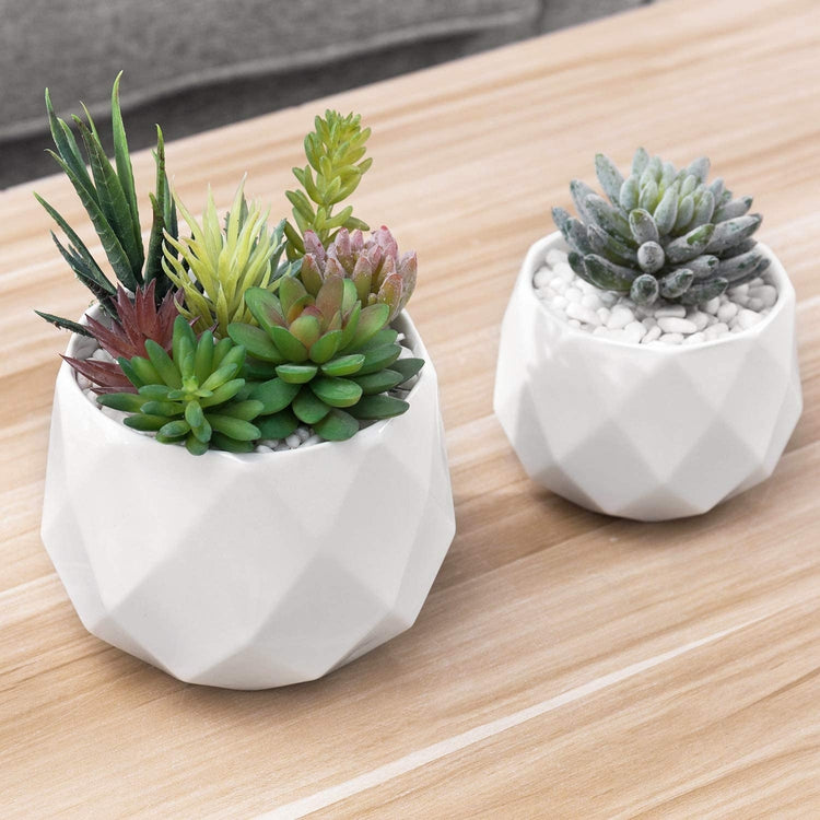 Set of 2 Geometric White Glazed Ceramic Planter Pots-MyGift