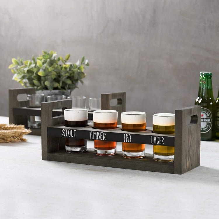 4 Glass Beer Flight Serving Tray with Whitewashed Wood Board and Black  Metal Handles, Chalkboard Label, Sampling Glasses