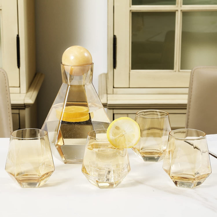 5 Piece Amber Tinted Glass Hexagonal Carafe and Drinking Glasses Set