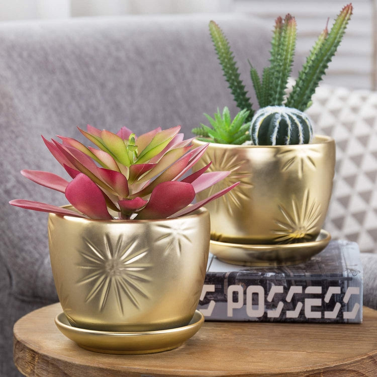 Round Metallic Brass Starburst Design Ceramic Planter with Attached Saucers, Set of 2