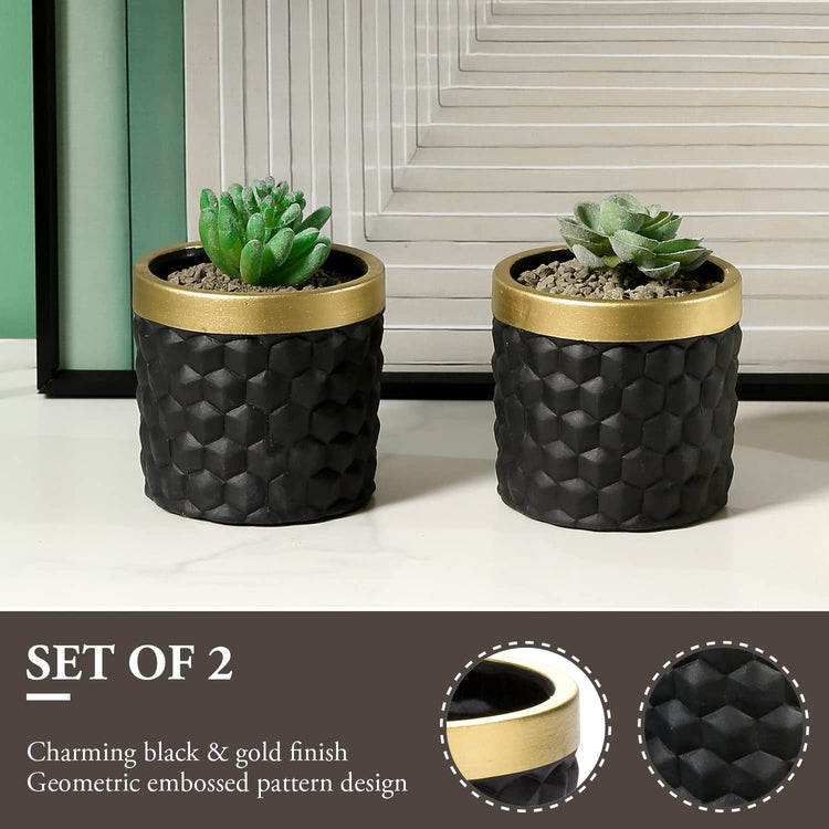 Set of 2, 4 Inch Round Black Concrete Embossed Diamond Hobnob Design Succulent Planter Pots with Gold Top Rim-MyGift