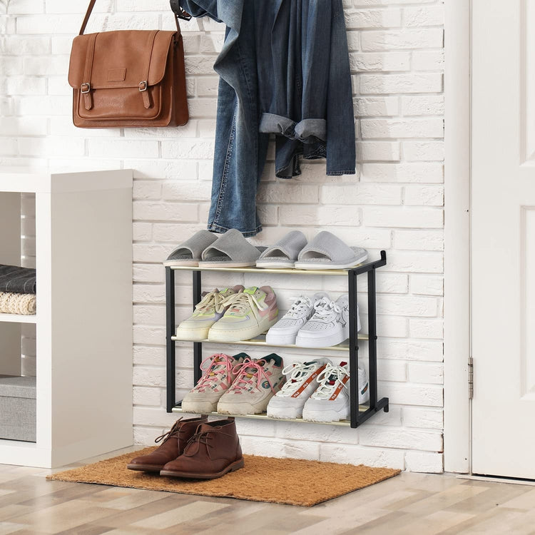 3-Tier Black and Brass Metal Wall Mounted Entryway Shoe Rack, Footwear Organizer Shelf-MyGift