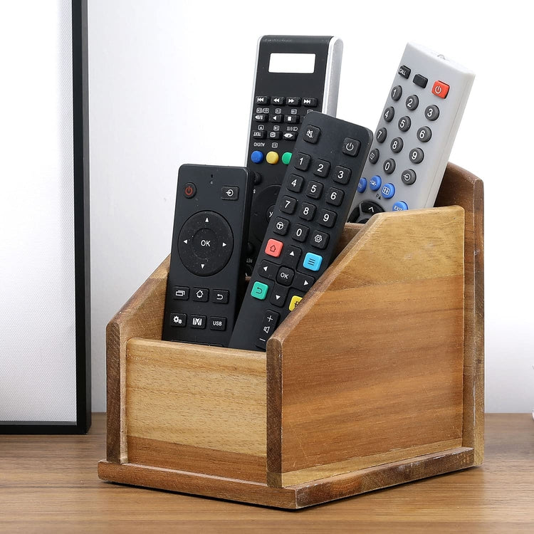 3 Compartment Acacia Wood Media Remote Control Caddy, Office Supply Storage Rack-MyGift