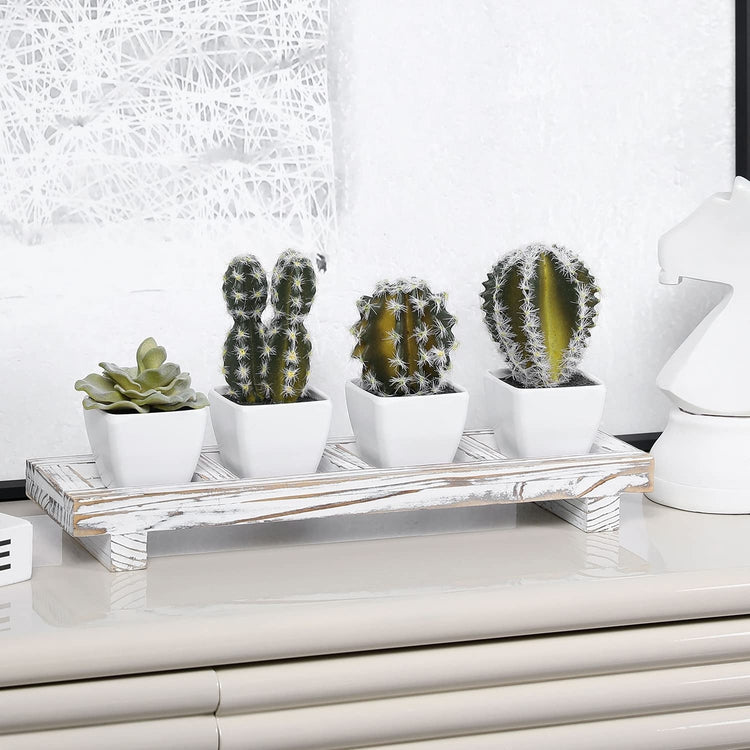 Assorted Mini Artificial Cactus and Fake Potted Succulent Plants in White Planter Pots with Whitewashed Wood Tray-MyGift