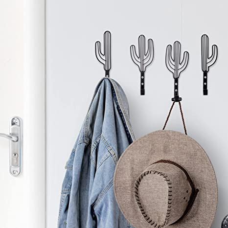Saguaro Cactus Shaped Black Metal Wall Coat Hooks, Southwest Style Hanging Hooks, Set of 4