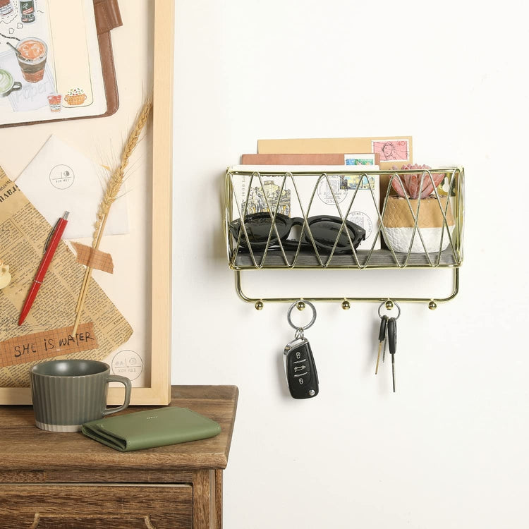 Wood Organizer Shelf with Drawers and Hooks