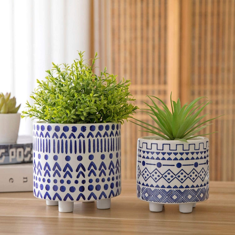 Set of 2, 5-inch and 6-inch Blue and White Decorative Ceramic Flower Planter Pots-MyGift