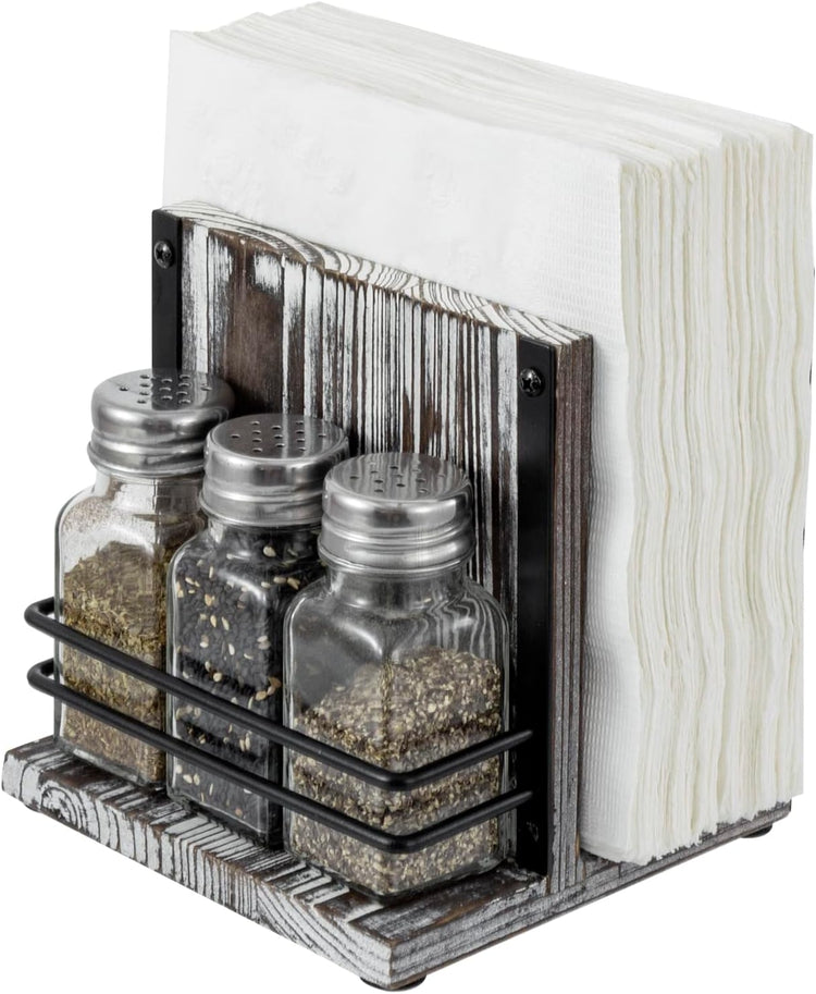 Rustic Farmhouse Wood Napkin Holder w/ 3 Salt & Pepper Shaker