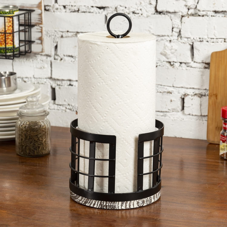 Tabletop Paper Towel Roll Stand with Circular Black Metal Wire Grid Style Basket, Handled Pillar Round Torch Wood Base